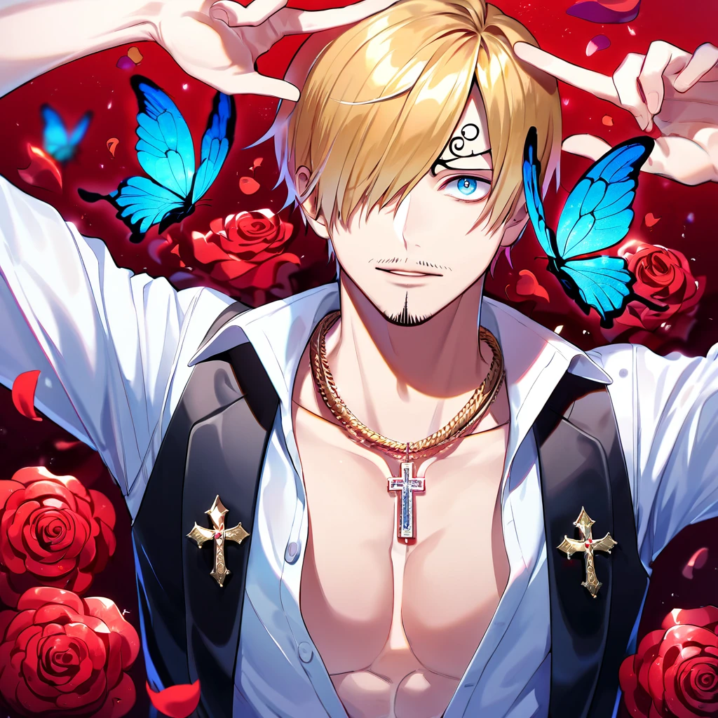 Ultra detailed, HDR, Highres, absurdres, master piece, Sanji, blond hair, expressive blue eyes, black vest, One Piece, red glittering erflies, petals, fantasy, red flowers, sexyn, solo, handsome, glittering, toned chest, red background, neckle, red roses, white shirt, cross, magical, radiant, very detailed eyes and face, best quality