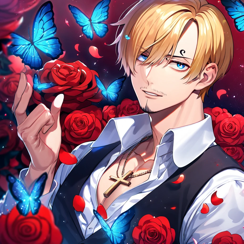Ultra detailed, HDR, Highres, absurdres, master piece, Sanji, blond hair, expressive blue eyes, black vest, One Piece, red glittering butterflies, petals, fantasy, red flowers, sexy man, solo, handsome, glittering, toned chest, red background, neckle, red roses, white shirt, cross, magical, radiant, very detailed eyes and face, best quality