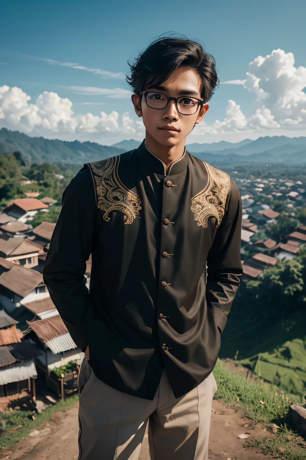 1boy, brown skin, glasses, malay sumatera traditional clothes, candid, black eyes, in the top of the hill, standing, looking at the village in the  valey, camera drone, high res, ultrasharp, 8K, masterpiece