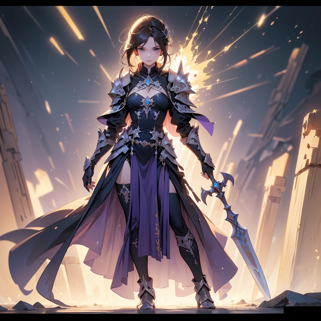 Design a layout showcase Gaming character, (1boy). Golden+Purple clothes, stylish and unique. ((showcase weapon:1.4)), magic staff. (masterpiece:1.2), (best quality), 4k, ultra-detailed. (Step by step design, layout art:1.5), (luminous lighting, atmospheric lighting). magican, ((glove full hands)), (((revealing clothes:1.3))), vambraces, armored legwear, (((full_body_shot:1.4))).
