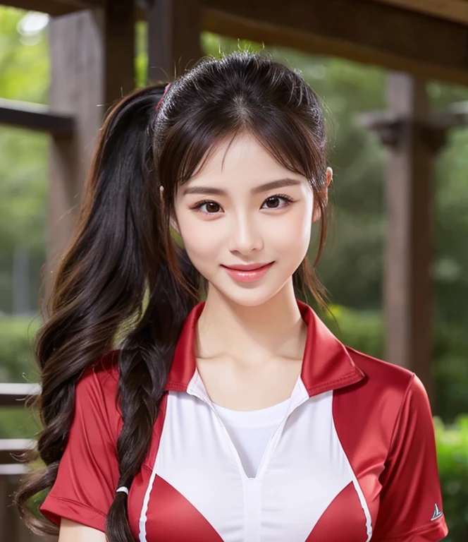 ภาพระยะใกล้ของผู้หญิงponytail, Woman wearing a volleyball shirt dark expensive silk, Thai anime girl, Chest size 36 inches, beautiful south ponytail,) long, Flowing hair, ponytail, Korean face is so cute, Korean girl, cute korean stars, outdoor gymnasium