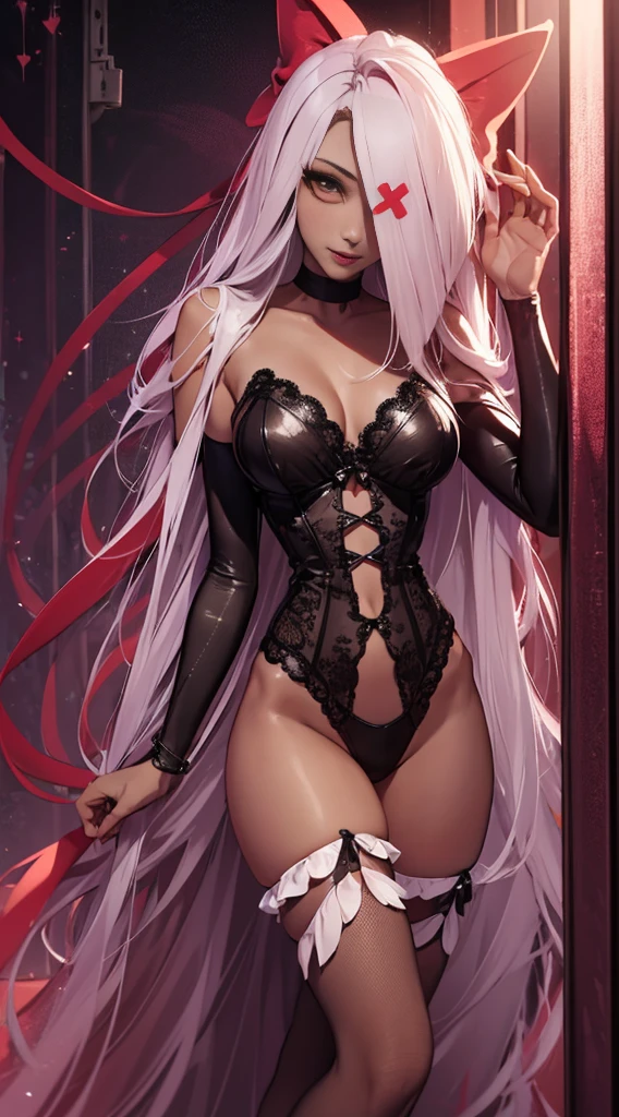 2girl,25 years old,vaggie perfect anatomy, smiling,full body,extremely detailed face and eyes,beautiful detailed lips,long eyelashes,elegant dress,dramatic lighting,cinematic composition,she is wearing red lingerie,(((sexy lingerie))),looking the camera,flirting with camera, in her hazbinhotel, with anime look