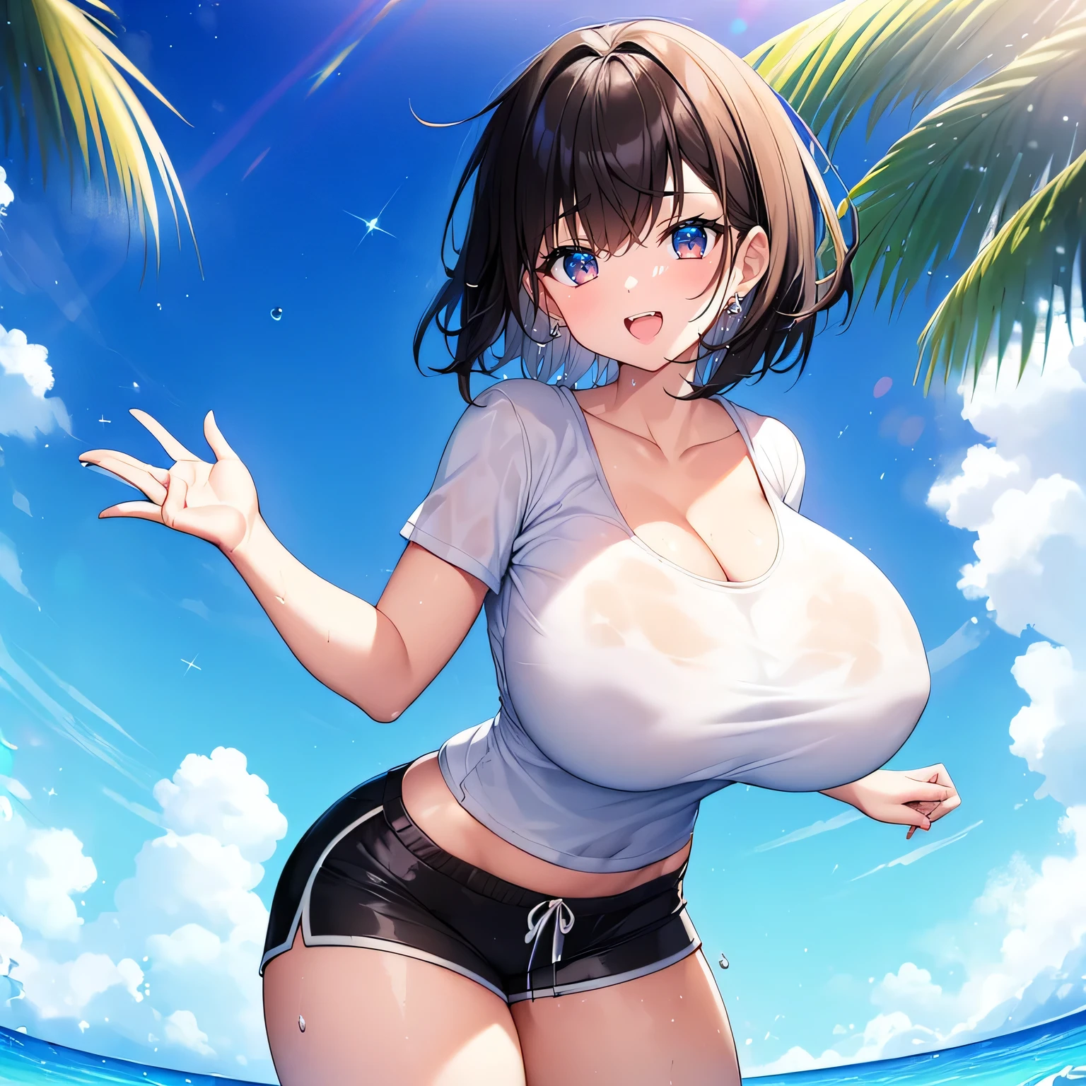 An incredible decision、Tabletop++,highest quality++,Ultra high definition++, Ultra high definition++,4K++,8k++,(Background Focus)++, Very detailed, Viewer Perspective、((Blue sky and tropical sandy beach))++、((1male))++, ((Look at the blue sky)), ((((Splash))))++++,(Raise one leg)、(((White T-shirt)))+++,(((Wearing shorts)))++++,(Raise one leg)、((Laughter))+ +,((Bloodstained)) ++,((Brown Skin))++,( Waving both hands around) +,(Waving both hands around)、(Black-haired)、(short hair)、(Iris)、(Super shiny hair and skin), (sunlight),((beautiful)),(Huge breasts_body: 1.5),(Huge breasts:1.5), A muscular girl with clearly visible abs and muscles, Sweaty body, Cleavage, dynamism, (Abdominal Cleansing and Shaving, Muscle Muscle Thigh) +, A cheerful smile, Perfect Eyes, Perfect hands, Perfect Nose, Magic Battle Dark, Bright atmosphere, (Wet Effect) +, (Light effects), (Cinematic Light) + , (Like a movie of light) +