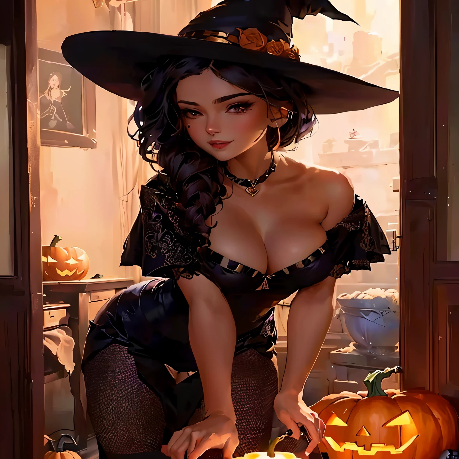 witch with a hat and a pumpkin in a doorway, classical witch, flirty anime witch casting magic, witch, witch girl, beautiful witch female, artwork in the style of guweiz, pretty sorceress, style artgerm, extremely detailed artgerm, witchy, alena aenami and artgerm, halloween art style, beautiful female witch, exposed breasts, exposed nipples, exposed areola,