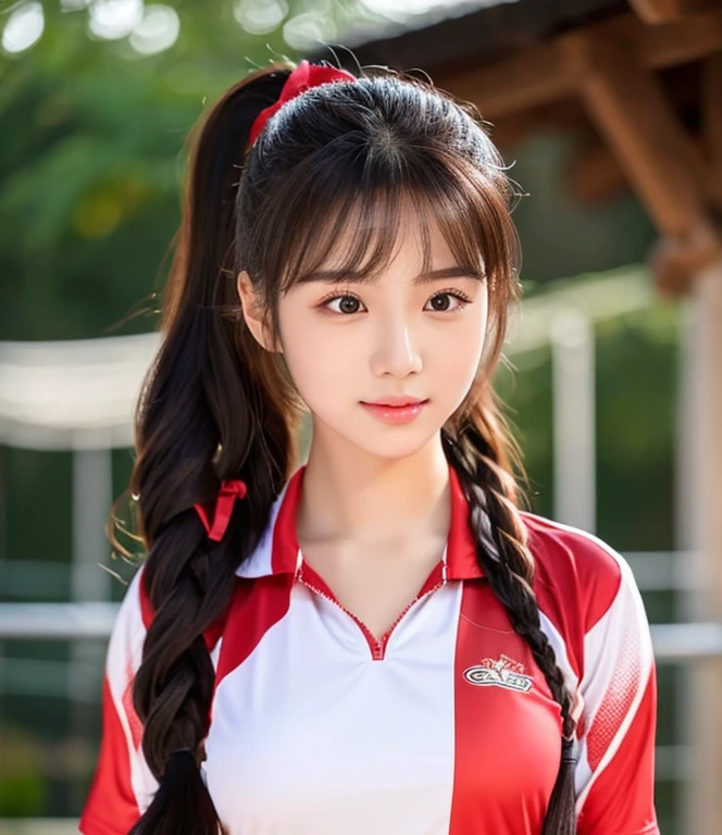 ภาพระยะใกล้ของผู้หญิงponytail, Woman wearing a volleyball shirt dark expensive silk, Thai anime girl, Chest size 36 inches, beautiful south  ponytail,) long, Flowing hair, ponytail, Korean face is so cute, Korean girl, cute korean stars, outdoor gymnasium