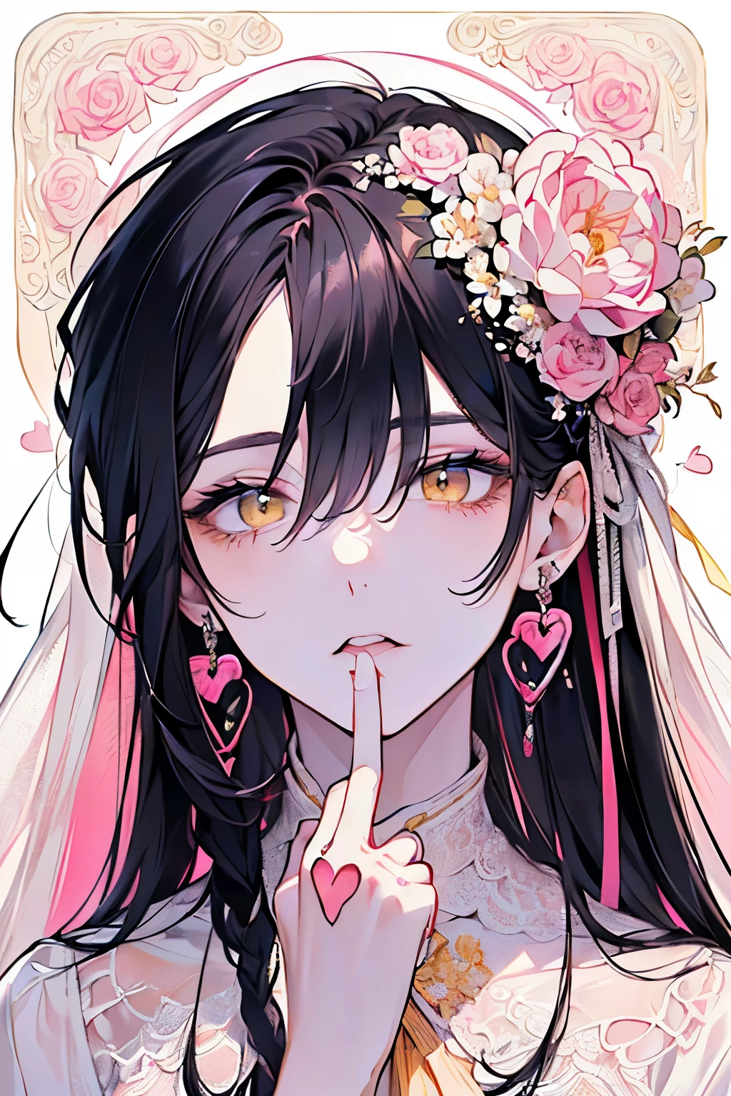 ((17years old man:1.2)), masterpiece, best quality, braid hair, black hair, (half up and(portrait),white wedding dress,(pop and cute flower pattern background), (perfect hands),(pink,yellow,white),looking front,((Large and gorgeous earrings:1.1)),(With eyes closed, waiting for a kiss:1.35),((hand to own mouth:1.2)),((upper body)),((Looking up:1.2)),((heart:1.2))