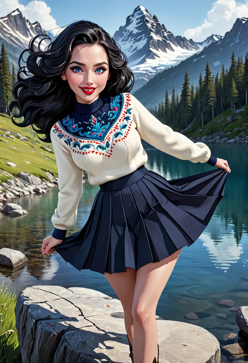 1girl, Large Black Hair With Messy Strands, Pale Skin, Red Lipstick, Dress Covered With Intricate Wood Cut Patterns. round full face, full features. wide toothy smile.Dynamic Pose., Detailed Eyes,, wide eyes, Standing On A Rock Overlooking A Mountain Valley With A Gorgeors Alpine Lake. Wearing A Black Knee Length Pleated Skirt With Blue Enbroidery And A Trdational Norweigian Sweater Of Many Colors With Intricate Detailed Rosemaling Designs. (Masterpiece)), ((Best Quality)), (Detailed). Official Art, Award Winning Digital Painting, Digital Illustration, Extreme Detail, 4k, Ultra Hd, Rococo, Polished, Intricate, Realistic Fantasy Art, Sharp Focus, Concept Art, Art By Wlop, Artgerm, (2d Vector Illustration) Stunning Combo Of Hedy Lamarr, Olivia Munn And Molly Quinn