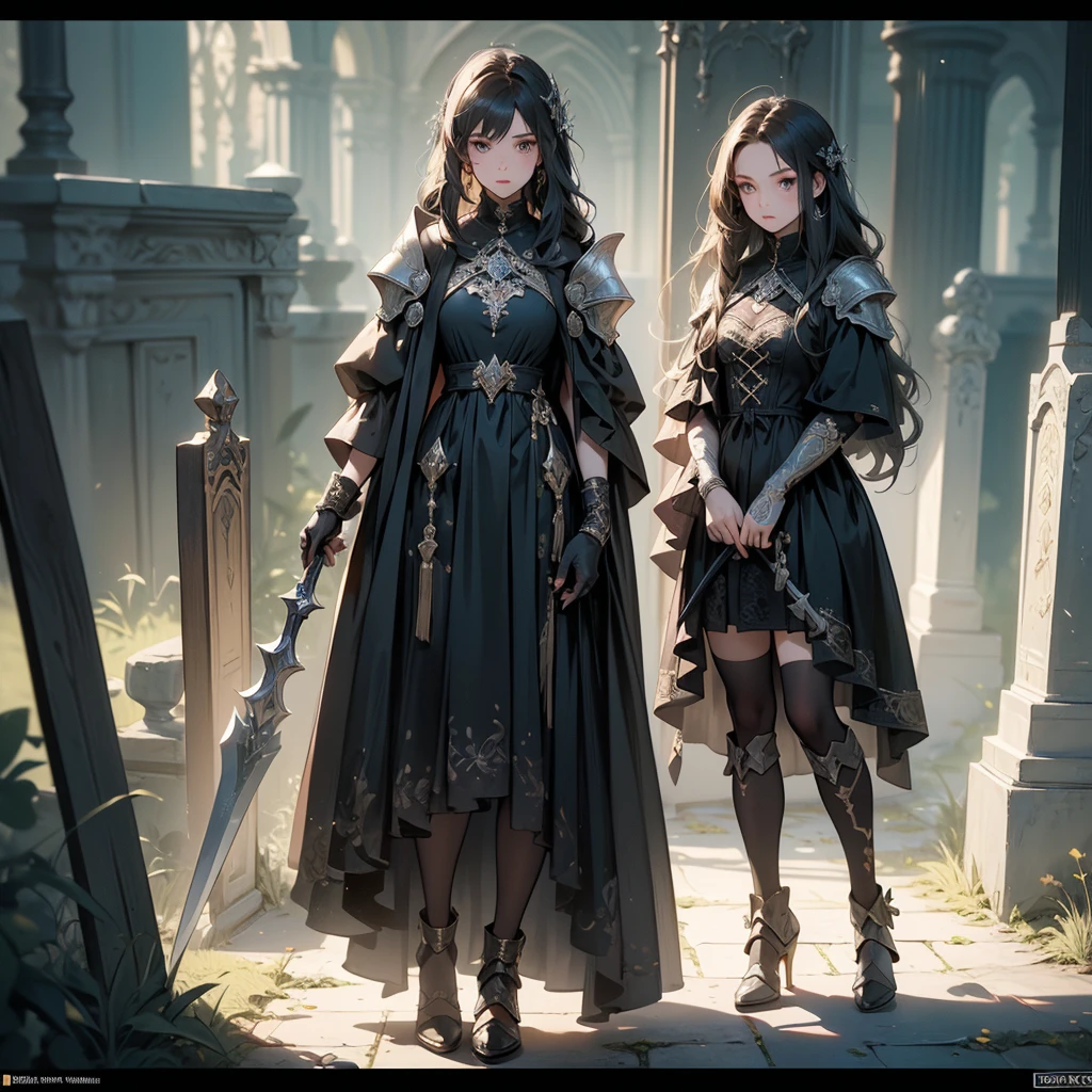 Design a layout showcase Gaming character, (1girl). Golden+Purle clothes, stylish and unique, ((showcase weapon:1.4)), magic staff, (masterpiece:1.2), (best quality), 4k, ultra-detailed, (Step by step design, layout art:1.5), (luminous lighting, atmospheric lighting), magican, ((glove full hands)), (((revealing clothes:1.3))), vambraces, armored legwear, (((full_body_shot:1.4)))