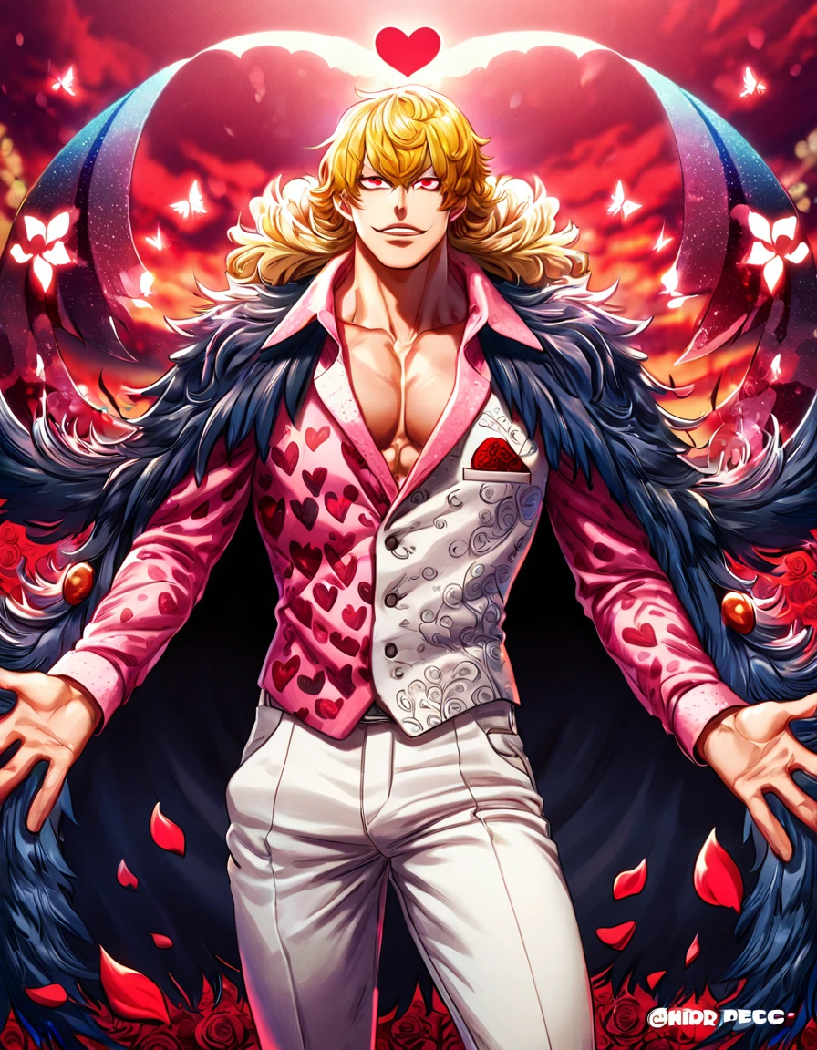 absurdres, highres, ultra detailed, HDR, master piece, best quality, Donquixote Rosinante Corazon, expressive red eyes, blonde hair, One Piece, solo, sexy man, handsome, black fur cape, pink shirt with heart patterns, white pants, magical, fantasy, red roses, red butterflies, red petals, red sky