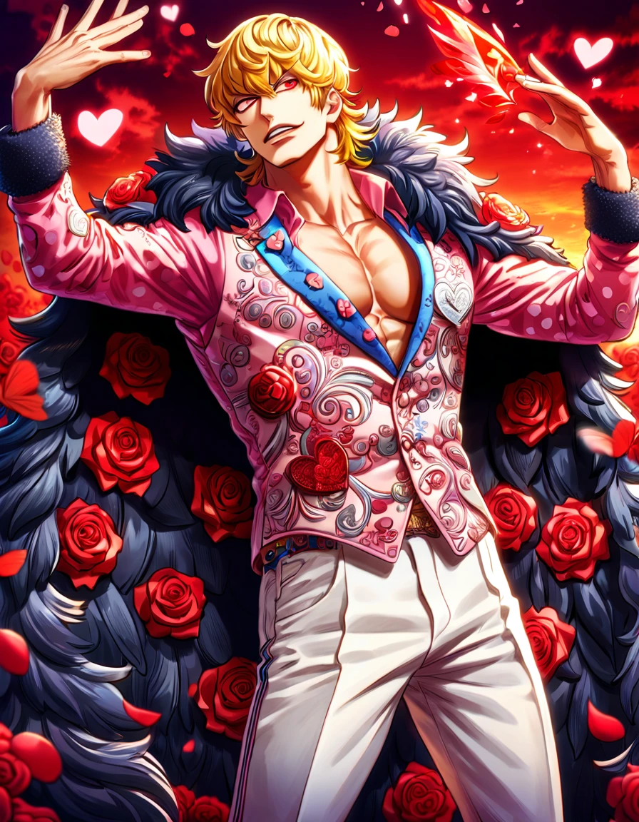 absurdres, highres, ultra detailed, HDR, master piece, best quality, Donquixote Rosinante Corazon, expressive red eyes, blonde hair, One Piece, solo, sexy man, handsome, black fur cape, pink shirt with heart patterns, white pants, magical, fantasy, red roses, red butterflies, red petals, red sky