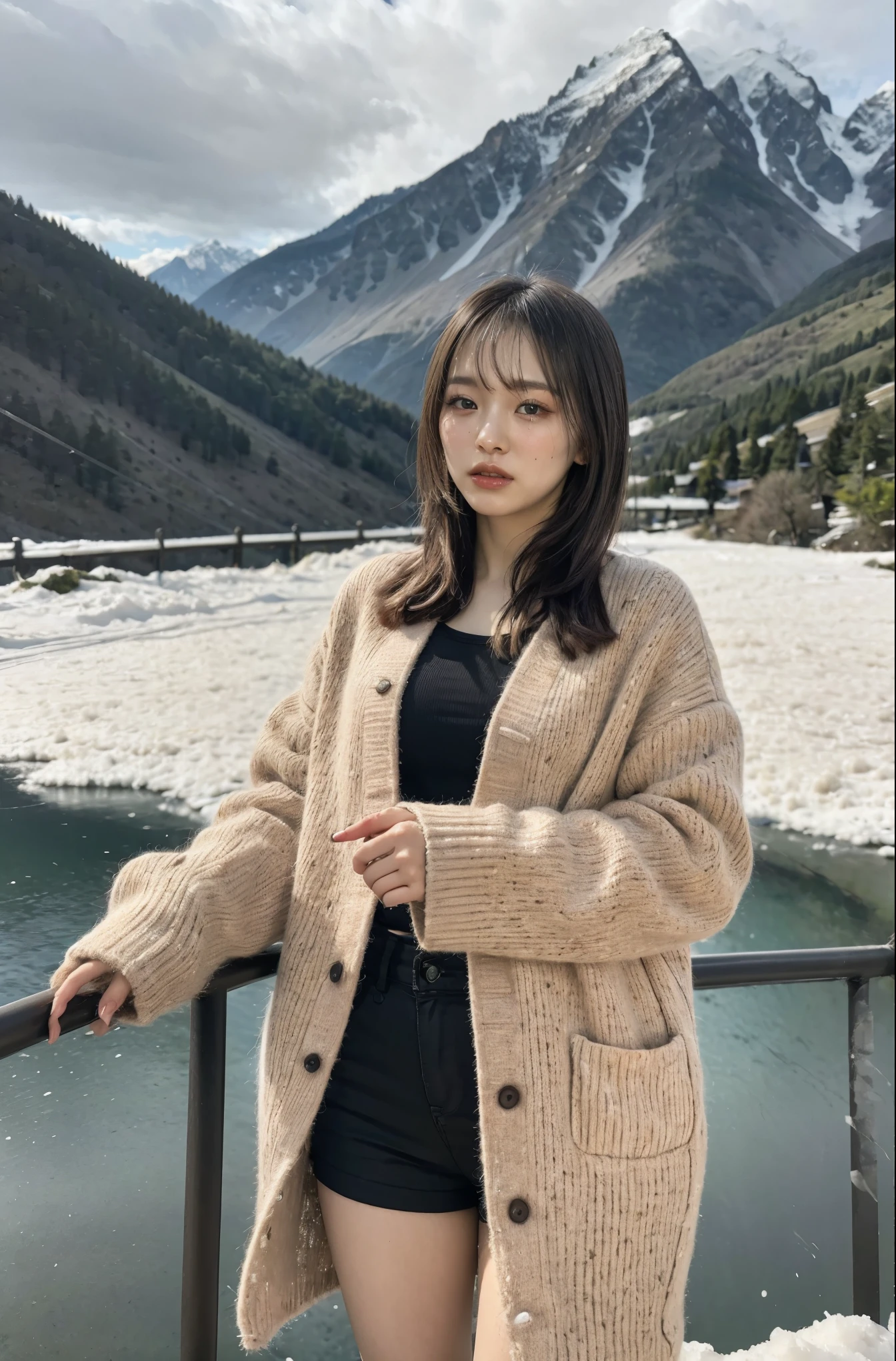 ((masterpiece)),highest quality, figure, dark, One girl, In the wilderness,A tall mountain,Snow-capped mountains visible in the distance々, city, Beautiful fine details,  Beautiful detailed hair,