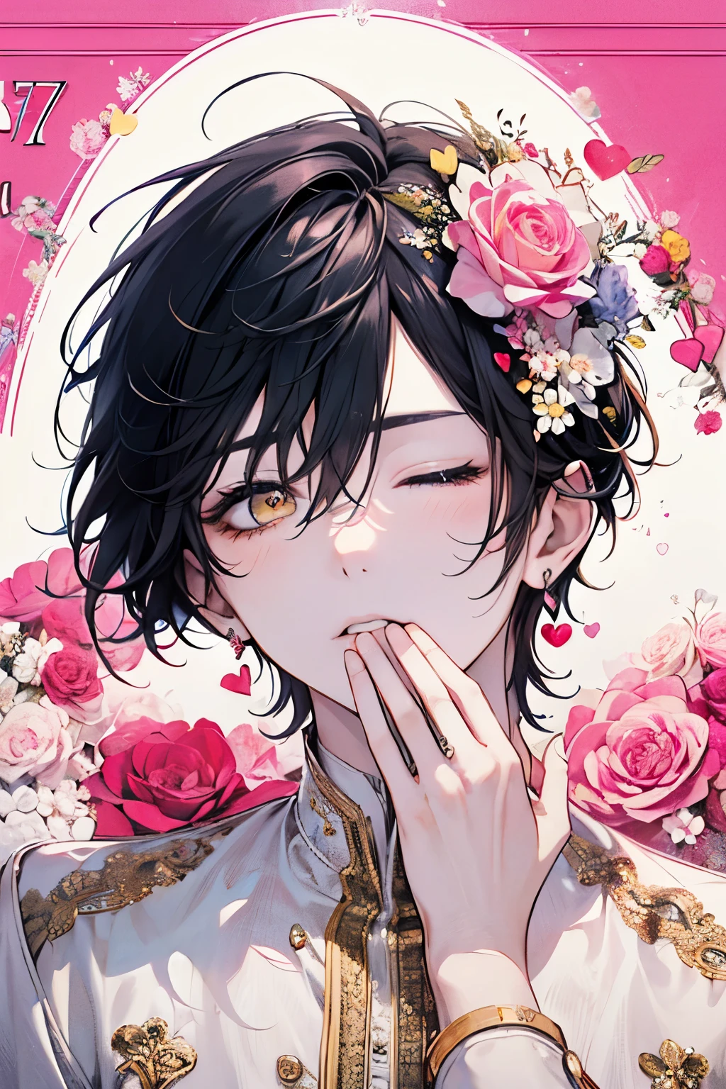((ars old man:1.2)), masterpiece, best quality, braid hair, black hair, (half up and half down hair:1.1),(portrait),white wedding dress,(pop and cute flower pattern background), (perfect hands),(pink,yellow,white),looking front,((Large and gorgeous earrings:1.1)),(With eyes closed, waiting for a kiss:1.35),((hand to own mouth:1.2)),((upper body)),((Looking up:1.2)),((heart:1.2))