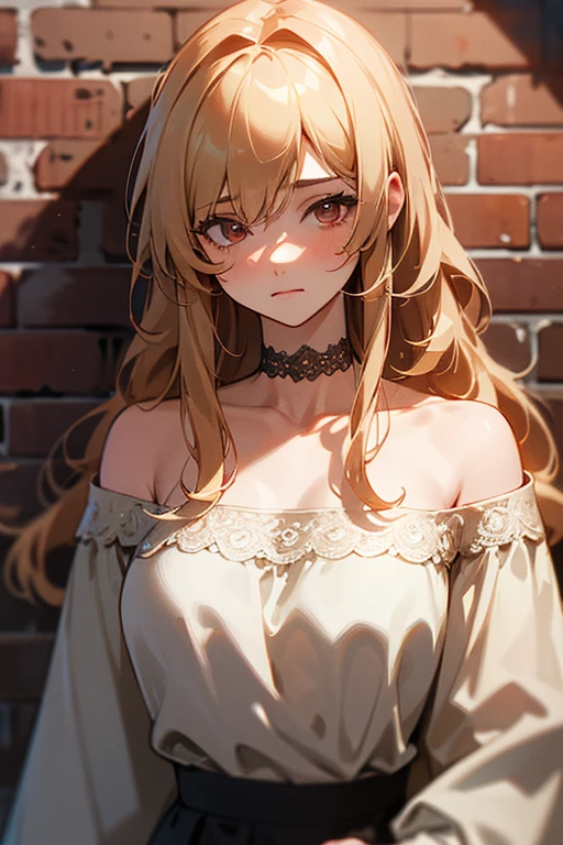 Ultra-realistic 8K CG, masterpiece, ((Highly detailed background, Delicate pattern, Intricate details)), highest quality, Intricate detailss, chromatic aberration, One girl, Long Hair, Blonde, Messy Hair, Red highlights, Hair on one eye, Sharp eyes, choker, Brick wall, graffiti, Dim lighting, alley, Oversized shirt,Off the shoulder, Sheer white shirt, masterpiece, highest quality