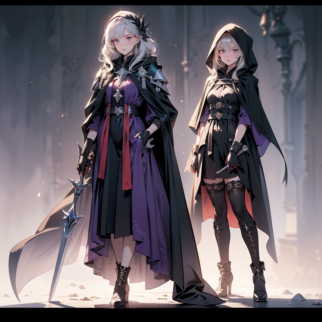 Design a layout showcase Gaming character, (1boy). Purple+Black clothes, mysterious and enchanting, ((showcase weapon:1.4)), enchanted orb, (masterpiece:1.2), (best quality), 4k, ultra-detailed, (Step by step design, layout art:1.5), (dim lighting, mystical glow), sorceress, ((lace gloves)), (((revealing cloak:1.3))), enchanted bracers, lace-up boots, (((full_body_shot:1.4)))
