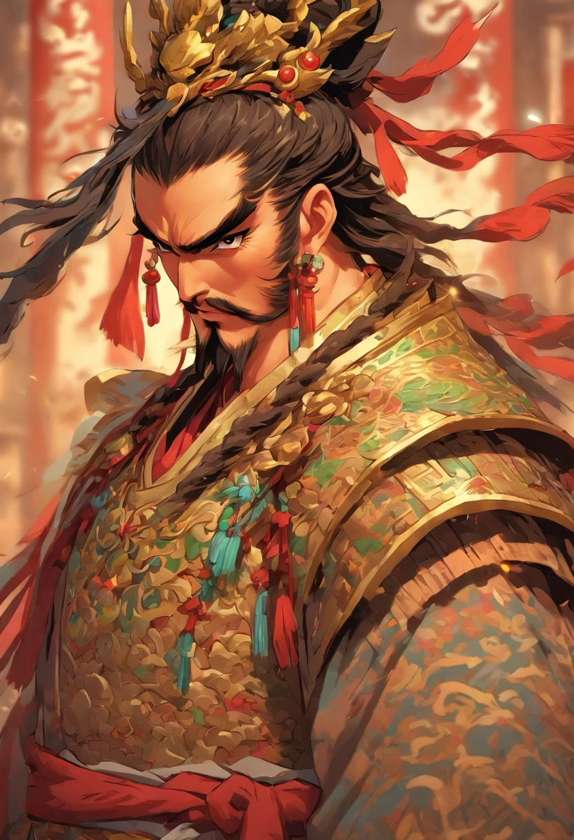 Ancient Chinese man in armor、Clever man、Looking into the camera、His hair is in a bun、Only one topknot、Black Hair、Stand and pose、Pixel art、(masterpiece, highest quality, highest quality), pixel,pixel art,whole body,Characters in Romance of the Three Kingdoms、Transform、Short Deformation、The head is decorated with white embroidery..、Handsome man in trousers