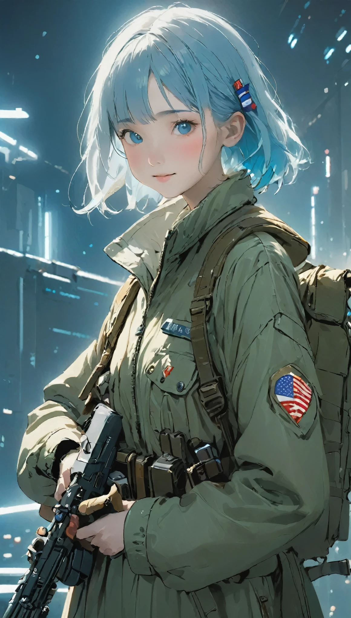 Future World,人工知能のperfectionな例,5143 and later, 8k, Very detailed , perfection,Ultra detailed face,-yeld gieight-headed body,Silky light blue hair,Bit Girl,A device with an optical rifle in both hands,Futuristic Background,During night combat,Rifle shooting scene,smile,Dress Type,wear a khaki military jacket,Troop jacket with Japan flag patches、matrix、Bladenanner