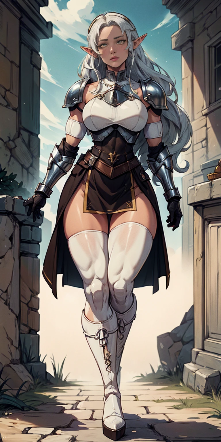 masterpiece, best quality, high quality, white SKIN elf, long hair, white hair, yellow eyes, full body, def_effie, blue breastplate, white skin, looking at viewer, shiny,armor, thighhighs, high boots,shoulder armor, faulds, poleyn, gloves, gauntlets