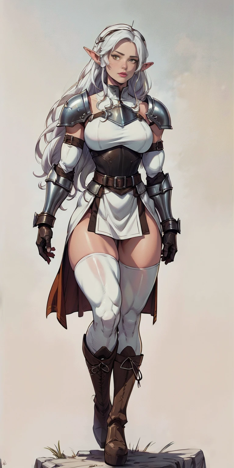 masterpiece, best quality, high quality, white SKIN elf, long hair, white hair, yellow eyes, full body, def_effie, blue breastplate, white skin, looking at viewer, shiny,armor, thighhighs, high boots,shoulder armor, faulds, poleyn, gloves, gauntlets