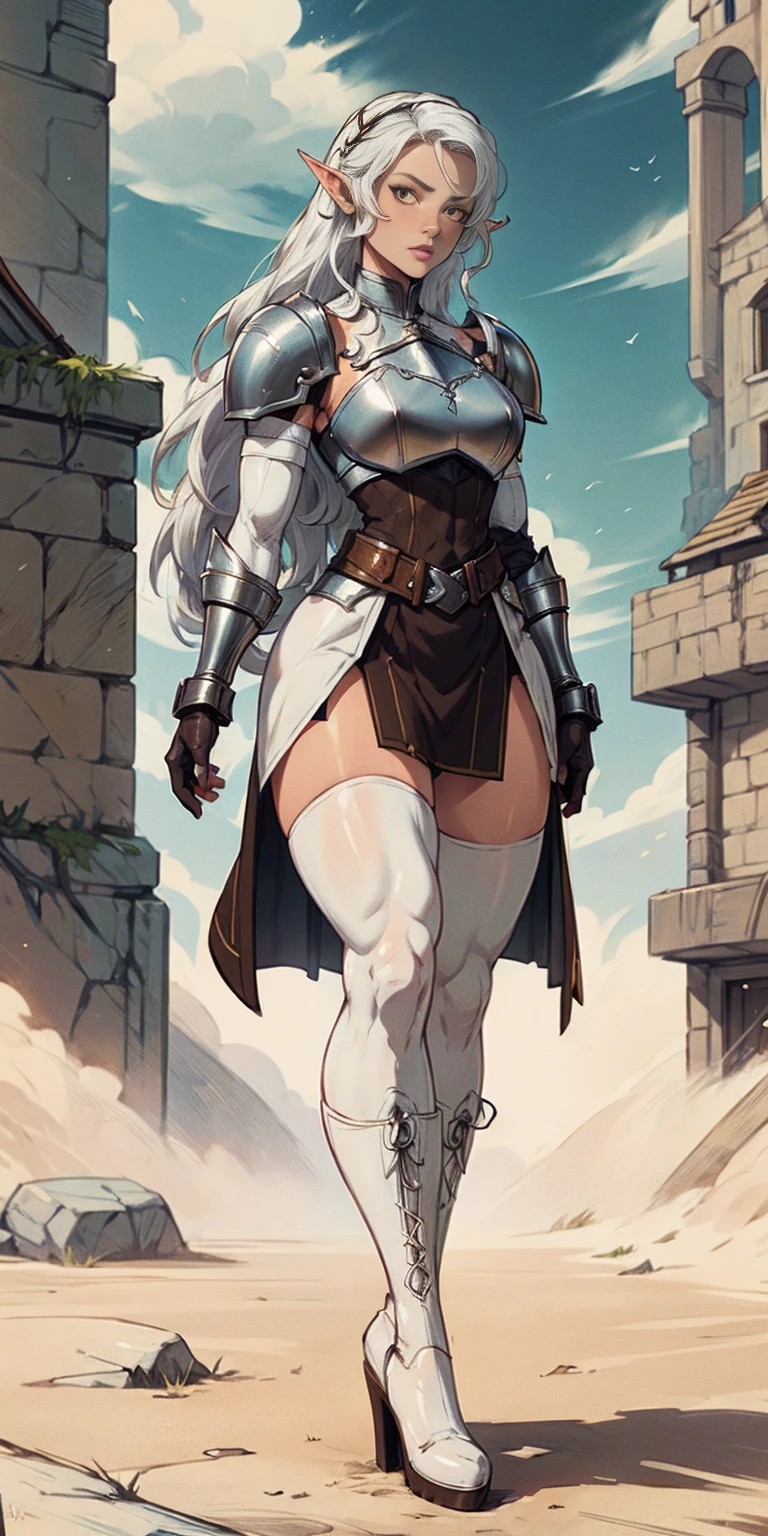 masterpiece, best quality, high quality, white SKIN elf, long hair, white hair, yellow eyes, full body, def_effie, blue breastplate, white skin, looking at viewer, shiny,armor, thighhighs, high boots,shoulder armor, faulds, poleyn, gloves, gauntlets