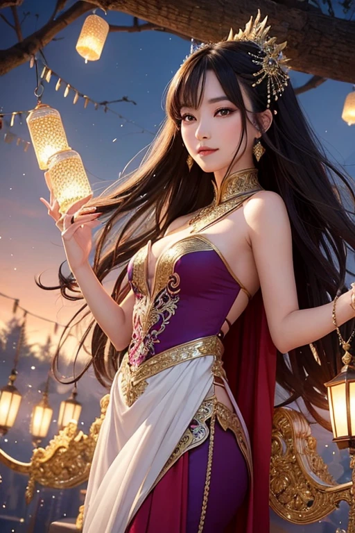 Create a photo of an extremely beautiful and graceful Asian girl with delicate features and a charming smile. She wears a mysterious and elegant outfit, maybe a long dress or an intricate cape in bold, rich colors, Adorned with delicate sparkling details. Her outfit should exude mystery and seduction. The background is a fantasy scene, with surreal elements like flying lanterns, mystical forest, or the witch&#39;s garden. The scene should evoke a sense of wonder and magic, with elements like glowing flowers, foggy mist, or sparkling waterfalls. The lighting in the scene is very special, with a special emphasis on the bright sunlight filtering through the trees or illuminating her figure like a halo. Sunlight should create a warm atmosphere, Yello brilliant, tăng thêm vẻ huyền ảo và mơ mộng cho bức ảnh