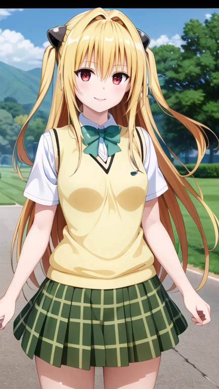 masterpiece, best quality, highres, Konjiki no Yami, very long hair, two side up, hair ornament, , green bowtie, white shirt, sweater vest, yellow vest, short sleeves, plaid skirt, green skirt, standing, cowboy shot, smile, outdoors