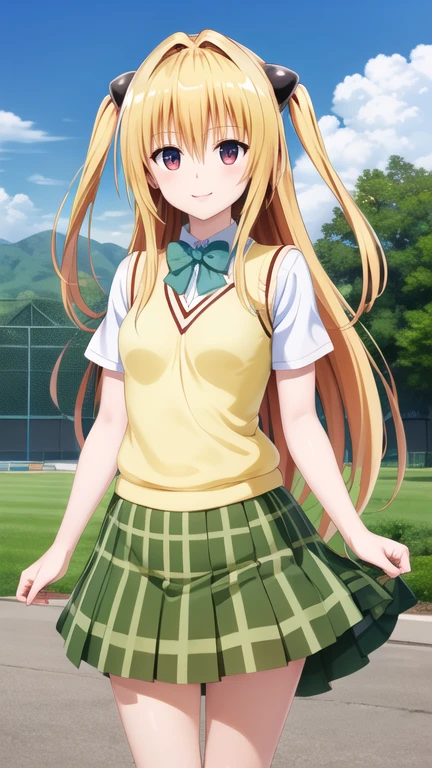 masterpiece, best quality, highres, Konjiki no Yami, very long hair, two side up, hair ornament, , green bowtie, white shirt, sweater vest, yellow vest, short sleeves, plaid skirt, green skirt, standing, cowboy shot, smile, outdoors