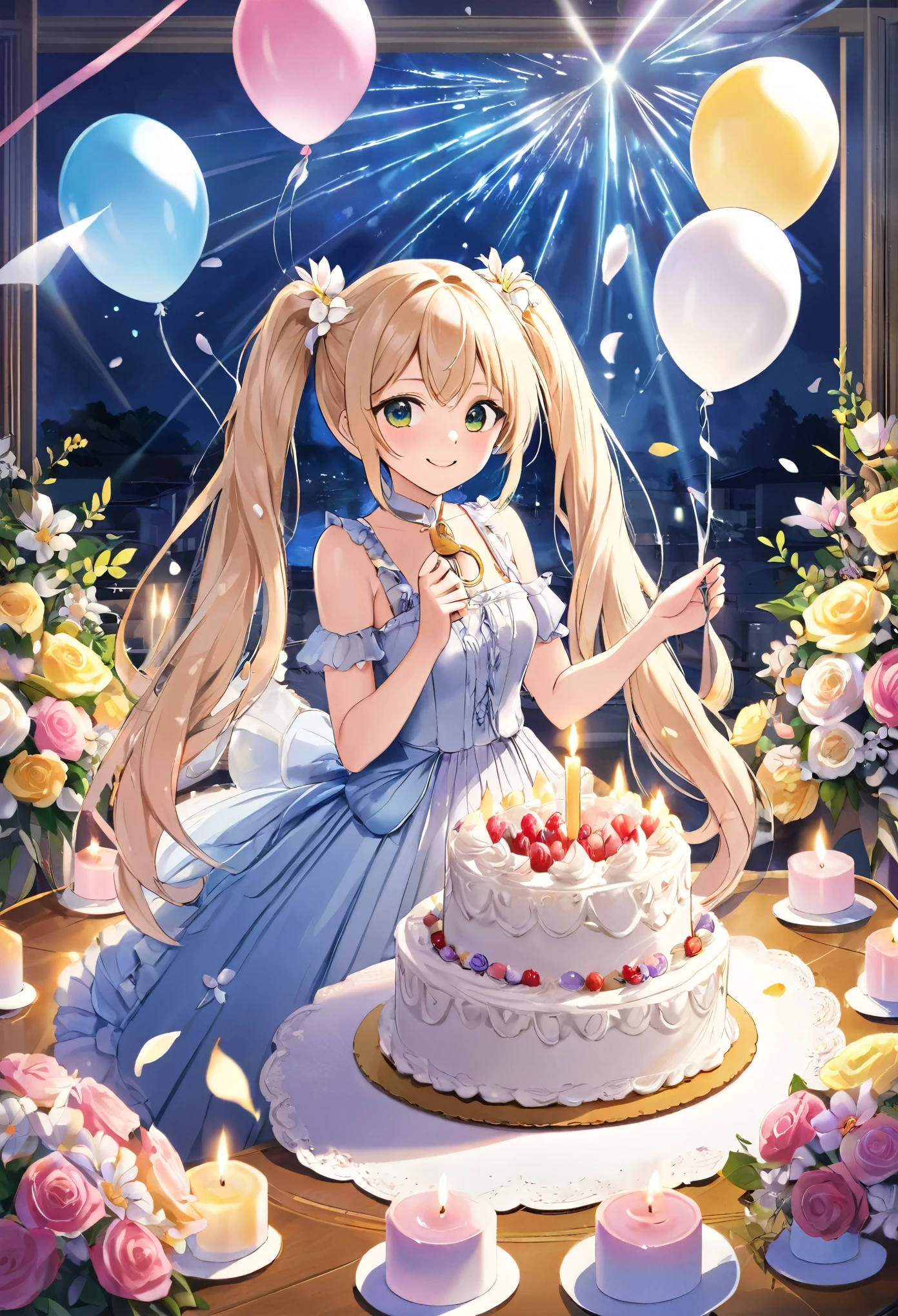 ((highest quality)), ((masterpiece))  Large party venue、Event 1st Anniversary、Lightブルーのロングヘア、Beautiful girl with twin tails, Light, Lens flare, White petals, Long Hair Exotic、Big cake、One big candle in the middle、Flower storm、Paper tape flying、Transparent balloon、Bright smile、bouquet、