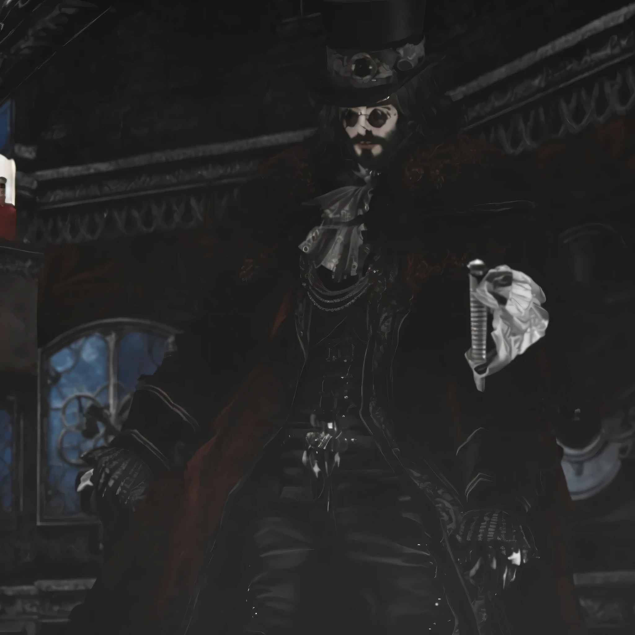 there is a man in costume standing in front of a clock, estilo transmitido pelo sangue, Portrait of a Bloody Hunter, aristocrata digno, vestes reais ornamentadas escuras, he is wearing a top hat, Usando cartola steampunk, alucard, senhor vampiro, majestic gothic, vestindo um terno preto nobre, vampiro vitoriano, macho malvado e desonesto, em um mundo steampunk