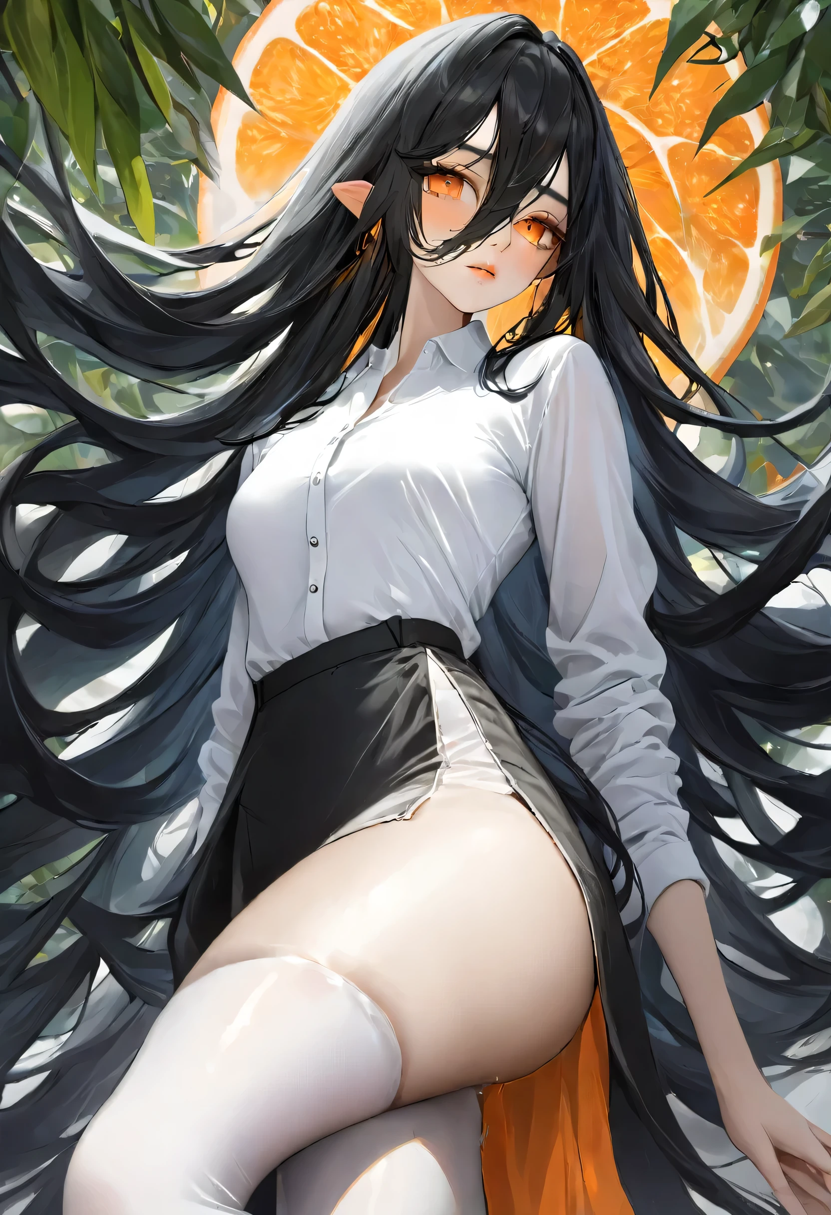 beautiful girl, with orange eyes and long black hair, wearing a white thigh-length shirt,  