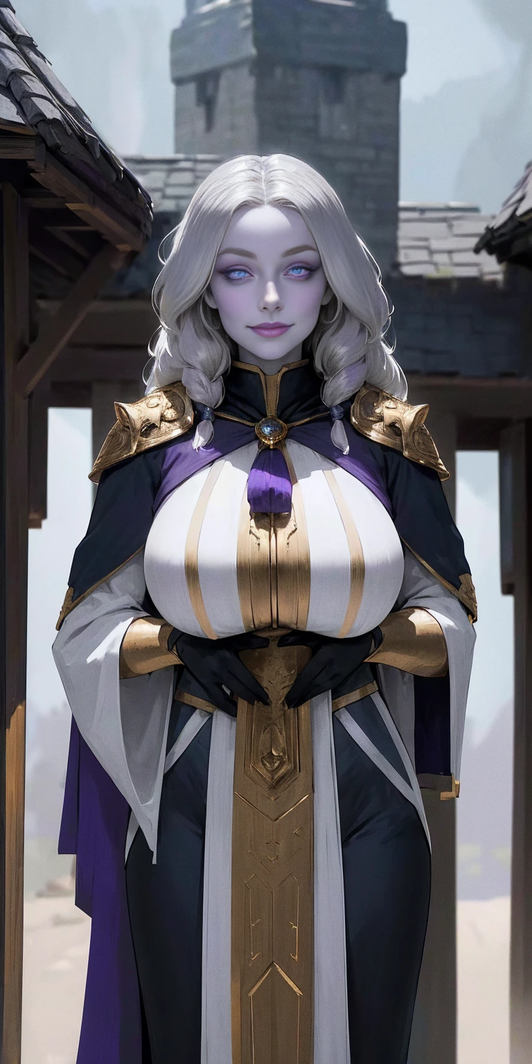 (Triplets)(chest covered)(smile)Gray skin, pale golden hair and violet eyes. They prefer clothing of white and silver with cloaks of deep blue or purple,village background, huge_knockers, ((very precise detailed)), ((highres)