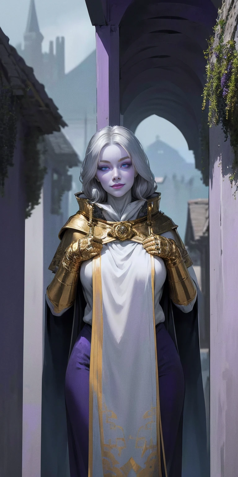 (Triplets)(chest covered)(smile)Gray skin, pale golden hair and violet eyes. They prefer clothing of white and silver with cloaks of deep blue or purple,village background, huge_knockers, ((very precise detailed)), ((highres)