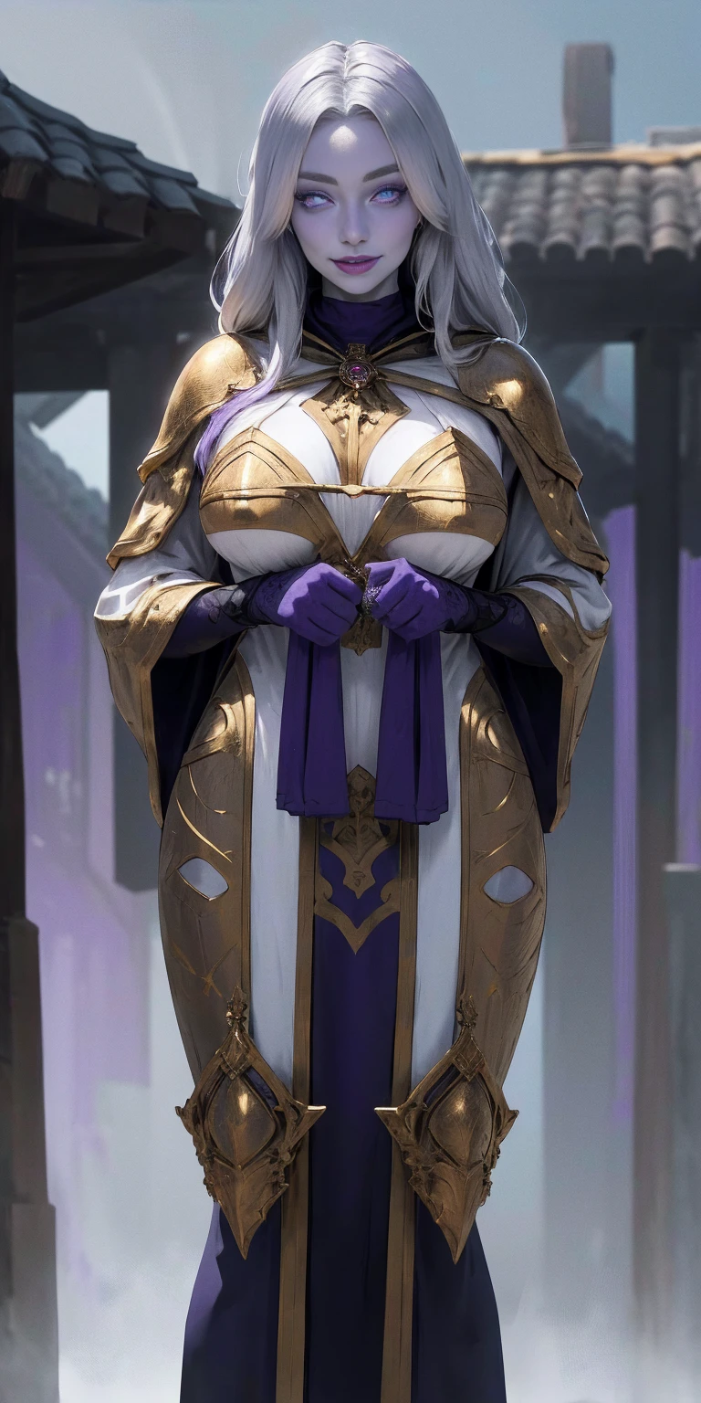 (Triplets)(chest covered)(smile)Gray skin, pale golden hair and violet eyes. clothing white and silver with cloaks of deep blue or purple, huge knockers ((very precise detailed)) ((high res) Golden bracers (plain background) (perfect body and face) hands on hips