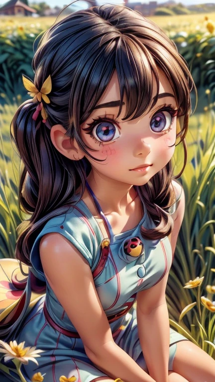 a cute girl in a ladybug cosplay, beautiful detailed eyes, beautiful detailed lips, extremely detailed eyes and face, long eyelashes, intricate ladybug pattern costume, sitting in a field of flowers, golden hour lighting, vibrant colors, cinematic composition, highly detailed, photorealistic, 8k, masterpiece