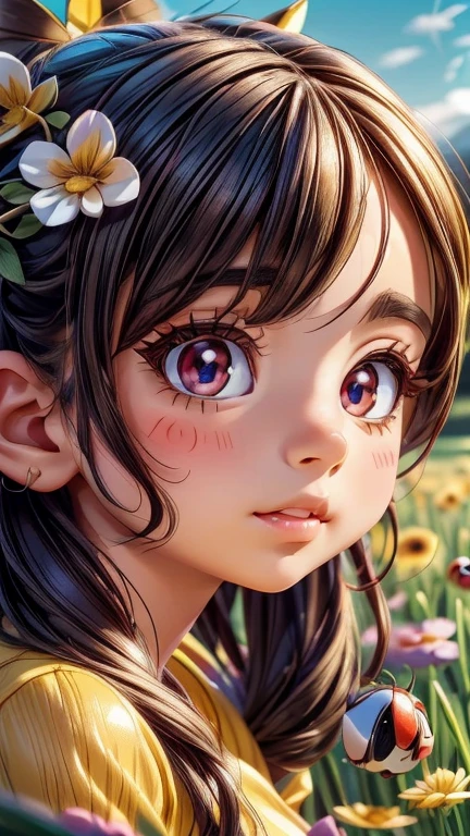 a cute girl in a ladybug cosplay, beautiful detailed eyes, beautiful detailed lips, extremely detailed eyes and face, long eyelashes, intricate ladybug pattern costume, sitting in a field of flowers, golden hour lighting, vibrant colors, cinematic composition, highly detailed, photorealistic, 8k, masterpiece