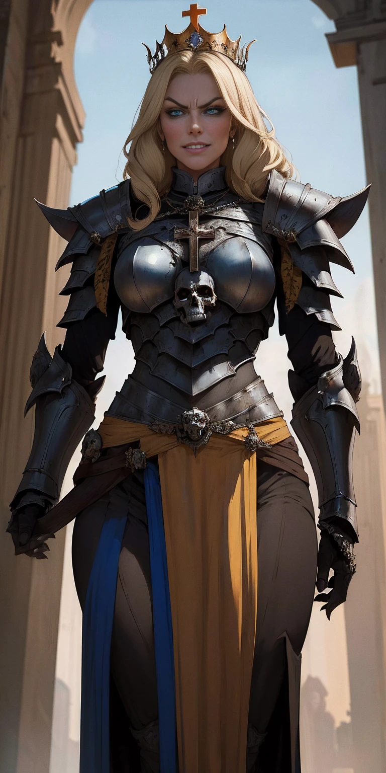 (masterpiece, best quality), intricate details,
1girl, squeenp, blonde hair, blue eyes, crown,
shaded face, looking down, from below, evil grin, angry,
armor, cross, pauldrons, skulls, cowboy shot, pelvic curtain,