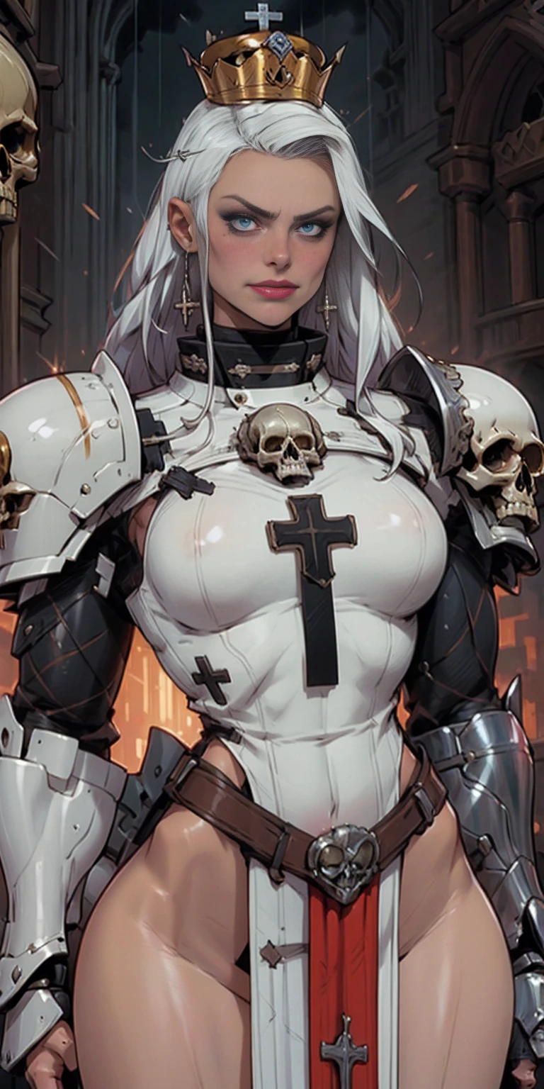 (masterpiece, best quality),  intricate details,
1girl,  squeenp,  blonde hair, blue eyes, crown, 
 shaded face,  looking down, from below, evil grin, angry, 
 armor,  cross, pauldrons, skulls,  cowboy shot, pelvic curtain,