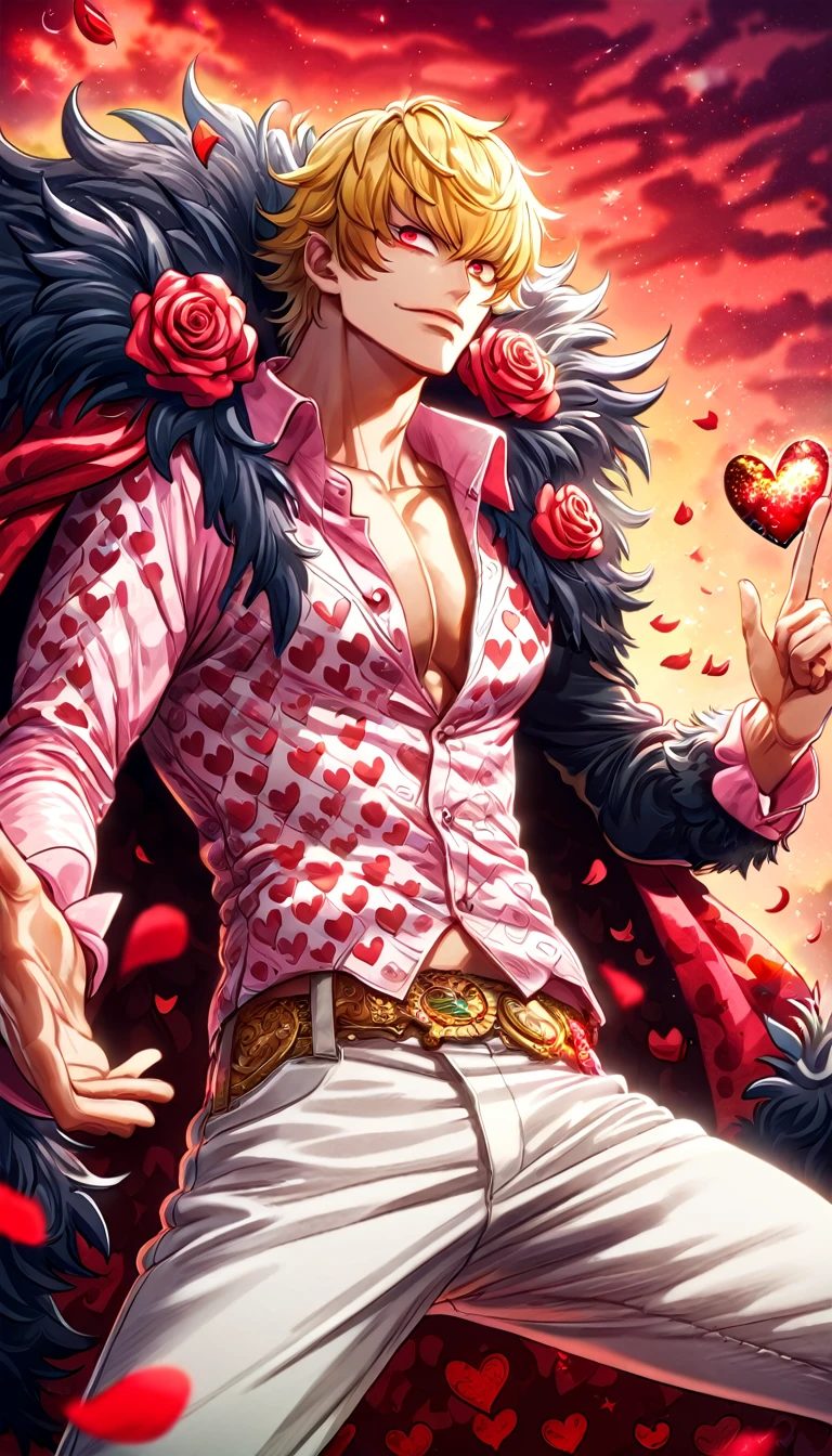 absurdres, highres, ultra detailed, HDR, master piece, best quality, Donquixote Rosinante Corazon, expressive red eyes, blonde hair, One Piece, solo, sexy man, handsome, black fur cape, pink shirt with heart patterns, white pants, magical, fantasy, red roses, red butterflies, red petals, red sky