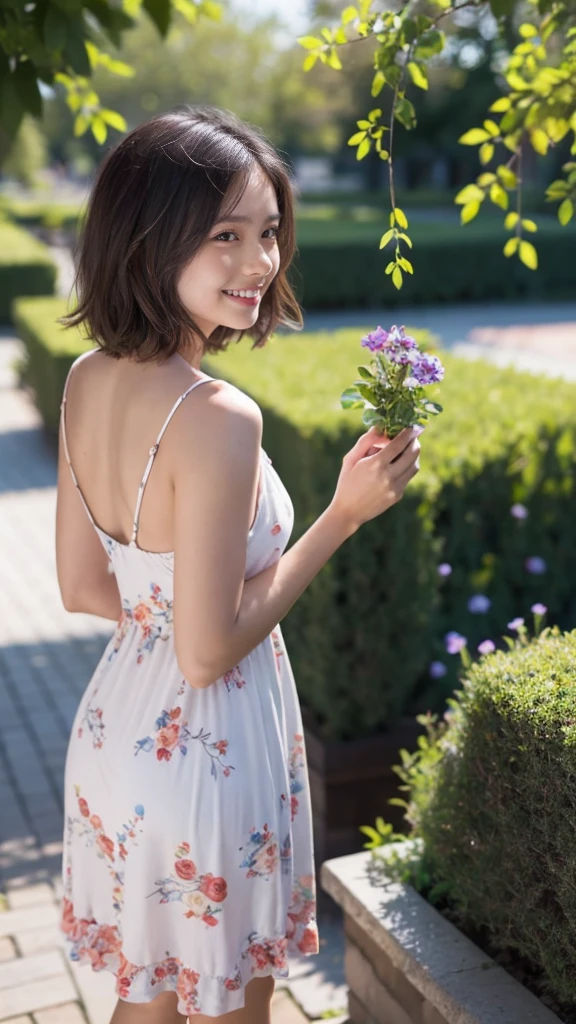 masterpiece, highest quality, disorganized, perfect anatomy, 1 girl, alone, pascal tales, short hair, beautiful, Hilarious, sunny day, botanical garden, Summer winds, sundress, Floral, wavy hair, smile
