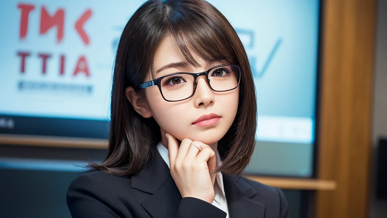 ((1 female))、Woman tilting her head、Thinking things through、Frowning、Wear glasses、Recruitment Suit、(Graph in the background)、Place the fingers of your right hand under your chin、(((A woman&#39;s whole body is photographed)))、Troubled face、Background as the main、(The person is the center of the image)
