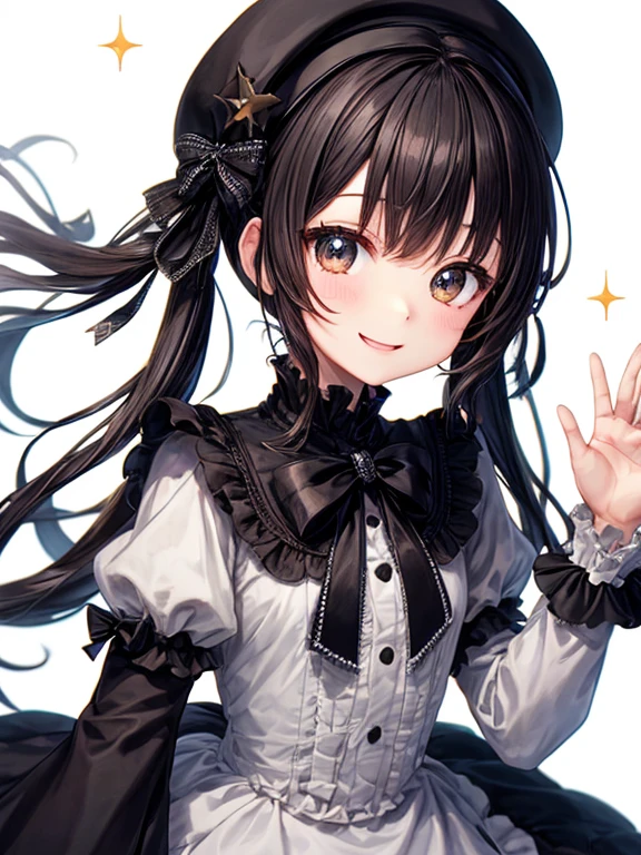 girl with、No background、without background、Background through、Black hair、A dark-haired、Black eyes、Black eyes、Small twin tails on top、Small double knot、half up、White beret、beret、bow ribbon、frilld、Gothic lolita、Lolita Fashion、Heavy dresses、White dress、robe blanche、Glitter、kirakira、A smile、kawaii、Chibi Chara、childish、