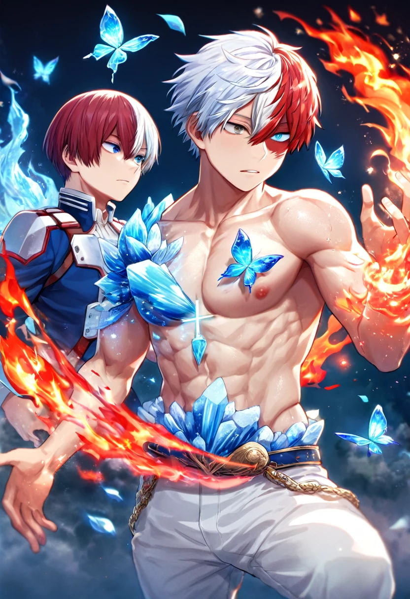 Ultra detailed, HDR, Highres, absurdres, master piece, Todoroki Shouto, bicolored hair, white right hair, red left hair, expressive blue eyes, heterochromia, Boku No Hero Academia, glittering blue butterflies, petals, fantasy, blue flowers, sexy man, solo, handsome, glittering, toned chest, Prince blue clothes with white patterns, blue background, cross, magical, fire, ice, very detailed eyes and face, white pants,
