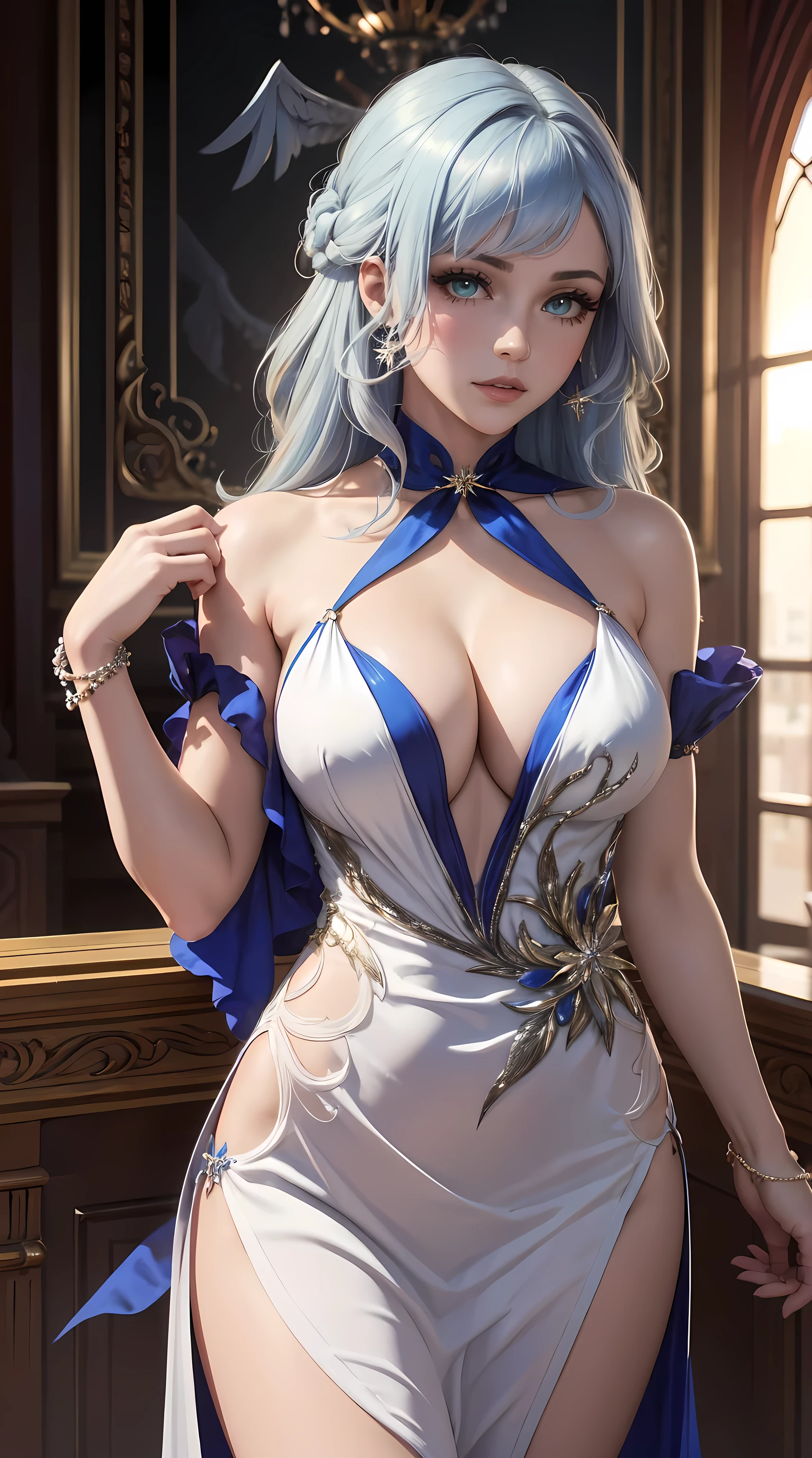 Beautiful silver blue hair woman is shown to have a sexy figure. She is wearing a  beautiful  detailed gala dress , jewelry, she has greenish blue eyes, wings in hair, Girl standing in a gala ballroom, sexy session, poseing,exposed cleavage, cowboy shot, superior quality, many details, realistic