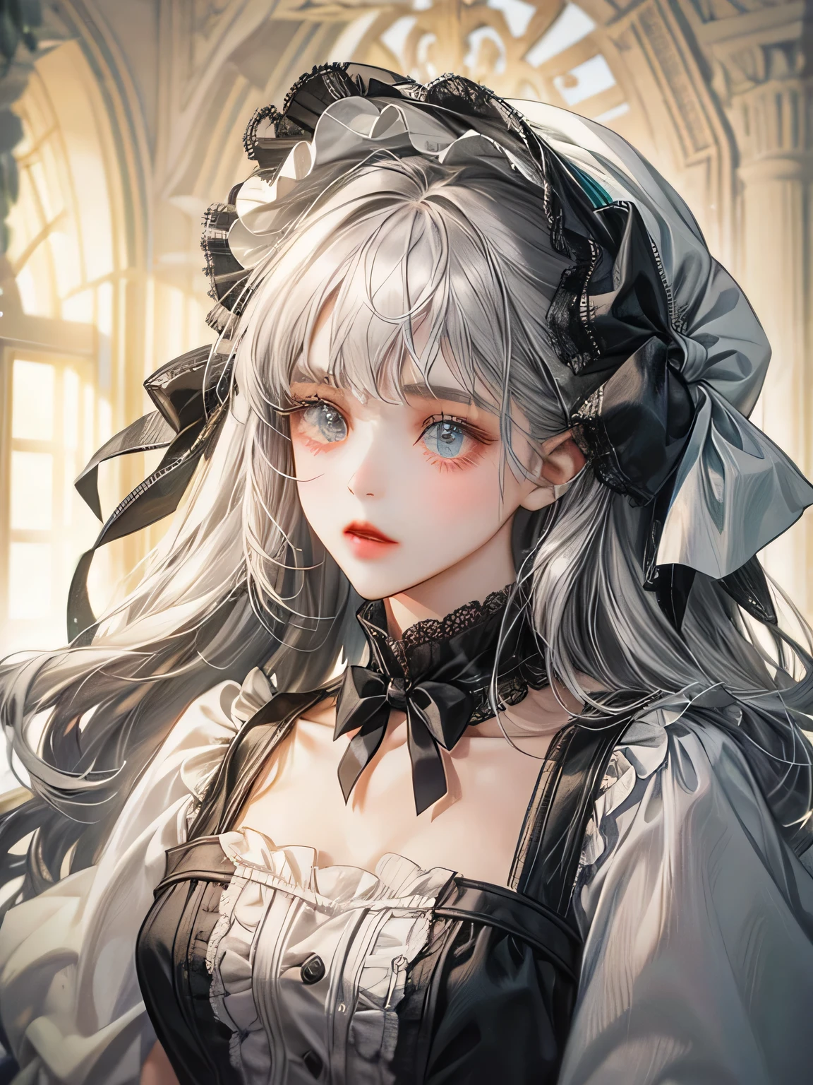 masterpiece,best quality, illustration,{beautiful detailed girl},beautiful detailed glow,(flames of war:1.2),(nuclear explosion behide:1.3),rain,detailed lighting,detailed water,(beautiful detailed eyes:1.1),expressionless,palace,azure hair,disheveled hair,long bangs,hairs between eyes,(whitegrey dress:1.1),black ribbon,white bowties,midriff,big forhead,blank stare,flower,long sleeves