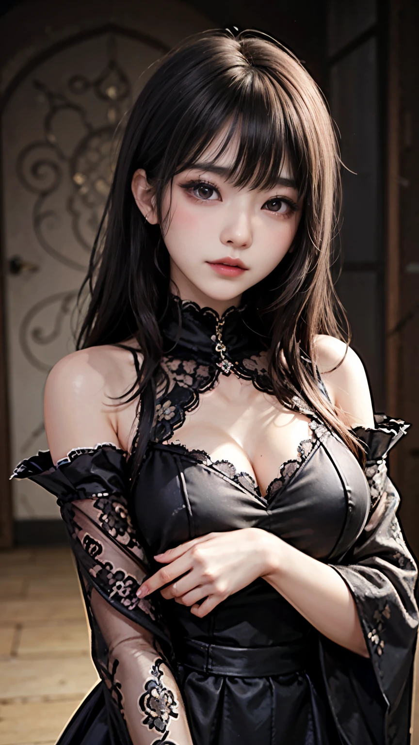 tra-detailed、Japanese、Attractive beauty、seductive adult woman、Pretty Woman、cool girl、brown hair、long wavy hair、swept bangs、piercing eyes、hollow eyes、half-closed eyes、Hollow Eyes、Purple Eyeshadow、black lipstick、black lip gloss、dark makeup、smirk、Evil expression、Black dress、Wide sleeves、Evil cadres、Fallen into evil、brainwash、mind control、evil、Church at night、Are standing、