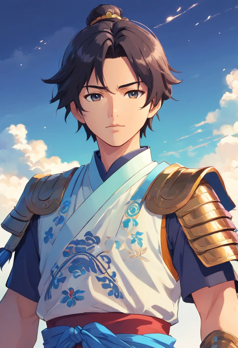 Ancient Chinese man in armor、Clever man、Looking into the camera、His hair is in a bun、Only one topknot、Black Hair、Stand and pose、Pixel art、(masterpiece, highest quality, highest quality), pixel,pixel art,whole body,Characters in Romance of the Three Kingdoms、Transform、Short Deformation、The head is decorated with white embroidery..、Handsome man in trousers
