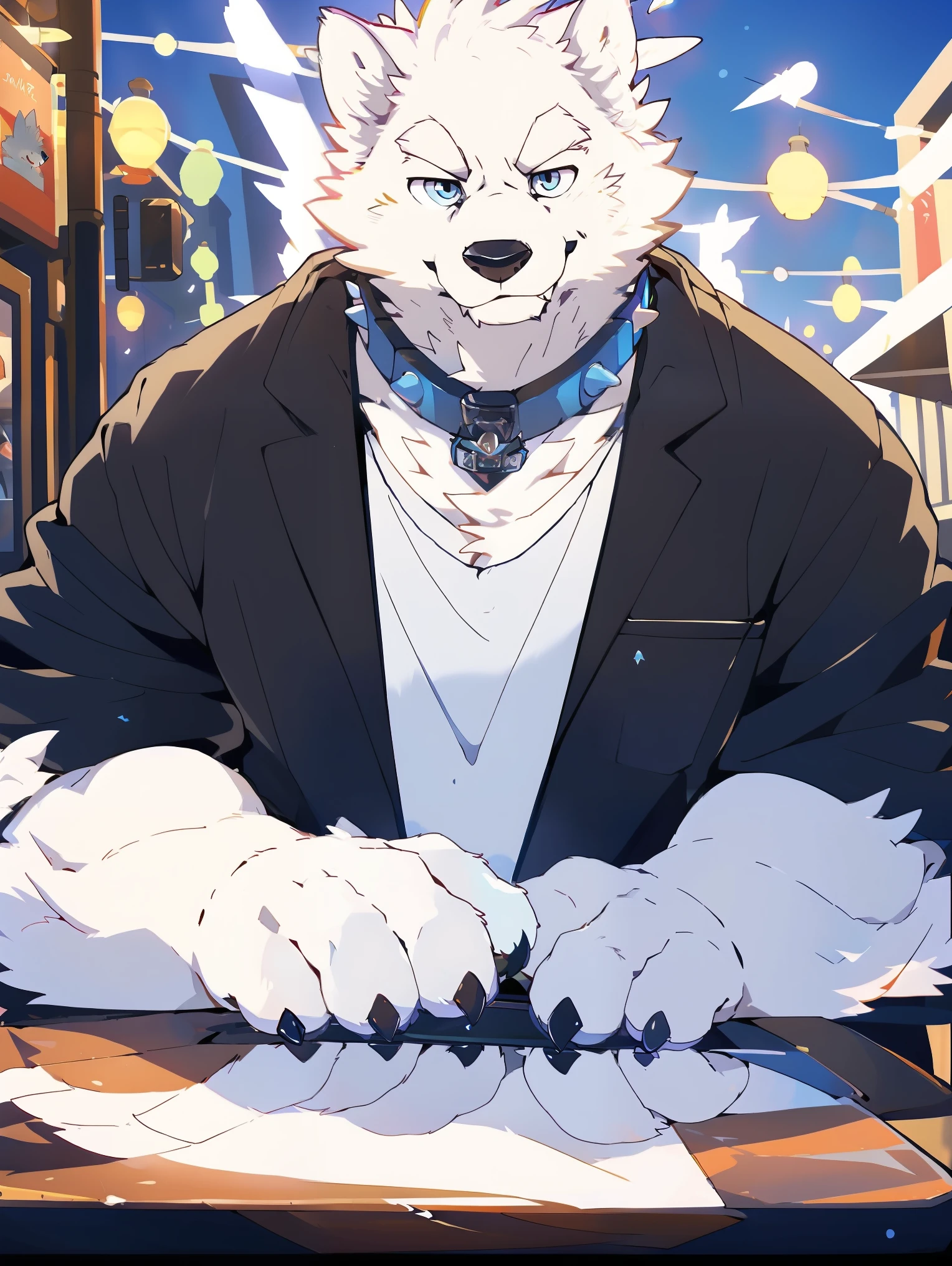 ((all white fur:1.5)), solo, Perfect sky blue eyes, Spike Collar, (artist:Takemoto Arashi), Mature face, elder, longeyelashes, (fang out:1.5), (Clear facial details), Wearing a very loose oversized white shirt|Black pants, Thin and tall figure, A snow wolf sitting in a street cafe, Put your arms on the table, ((Reveal most of the background)), More background detailsWarm scene, (The frontal of the character:1.3), happy, smiley, The camera shoots from the front, Tonalism, panorama, perspective, first-person view, best quality, UHD, super detail, high details, anatomically correct, 8k