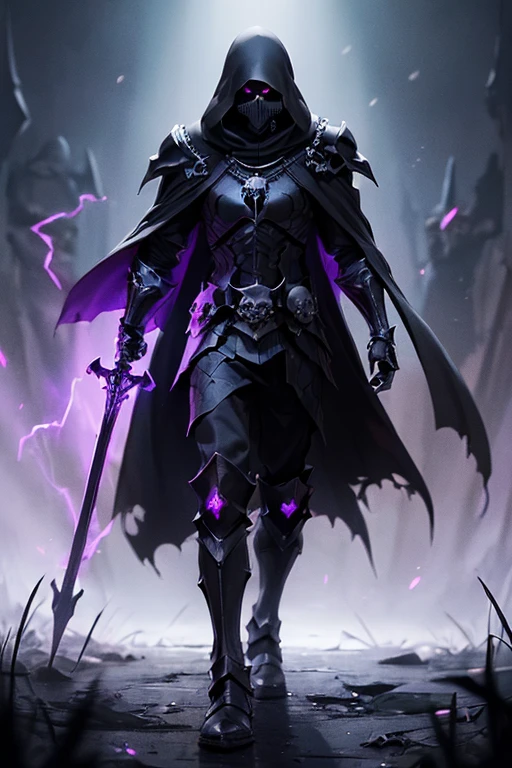 ((dark fantasy:1.4)),(full body:1.3). Dark skeleton knight. Hooded shadow wraith in black battle armor, ((black skull face)), glowing violet eyes, cross pendant. brandishing black great sword in purple flames. masterpiece