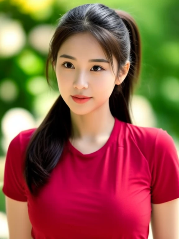 ภาพระยะใกล้ของผู้หญิงponytail, A woman wears a dark red volleyball shirt., expensive silk, Thai anime girl, Chest size 36 inches, beautiful south ponytail,) long, Flowing hair, ponytail, Korean faces are cute., Korean girl, cute korean stars, outdoor gym
