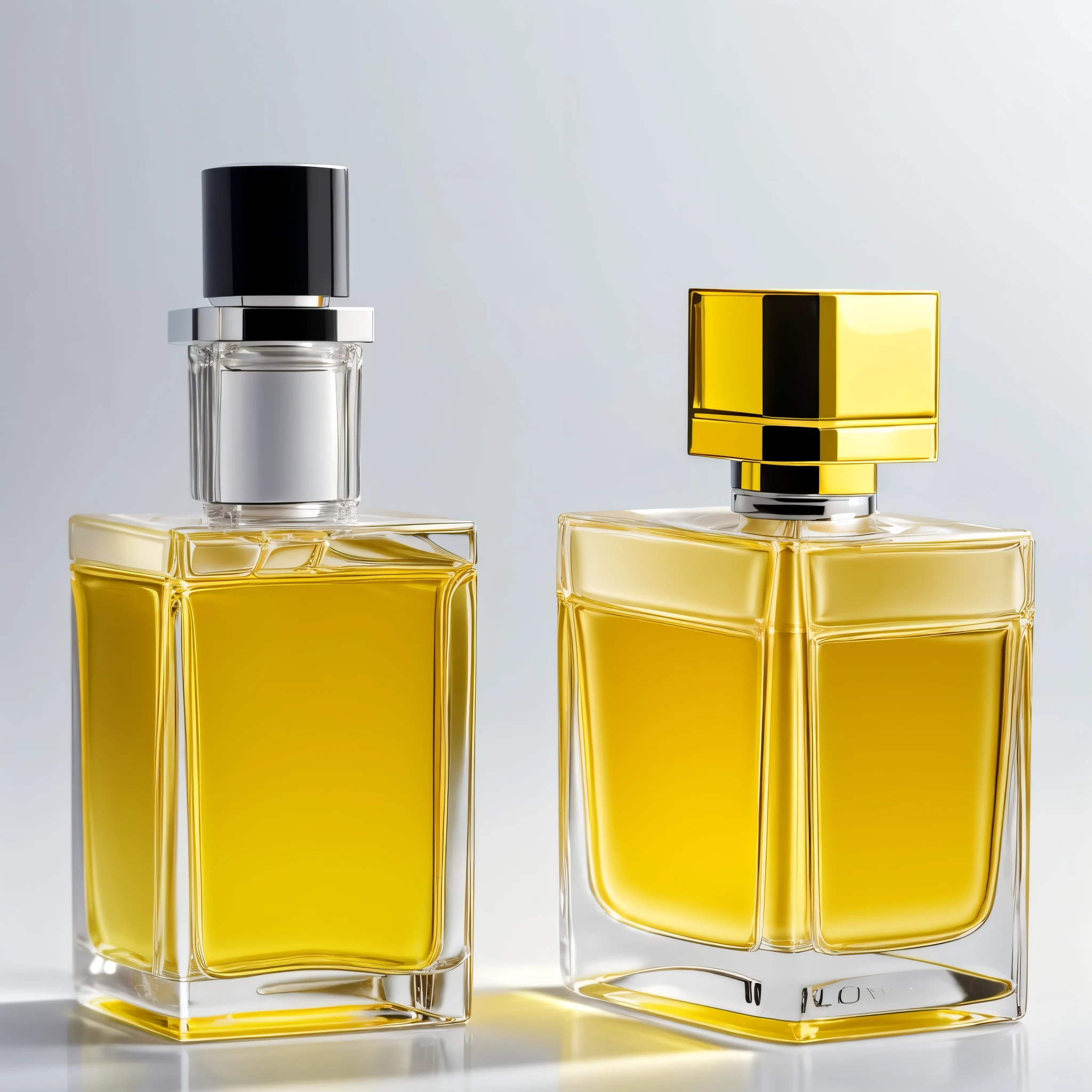 Men's perfume: Citrusy, invigorating, sharp, crisp, modern; DSLR; standard lens; diffused lighting; e-commerce photography; square glass bottle with frosted glass detail; strong, bright white backdrop making the colors pop; vibrant yellow perfume; solo product; plain white background; head-level shot.