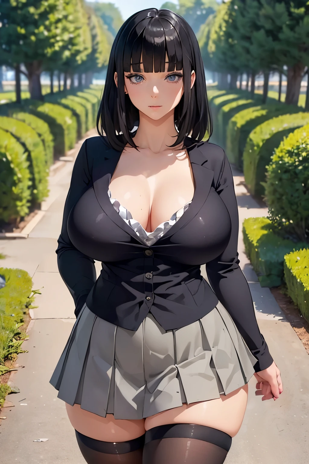 ((landscape path mysterious)), (finely detailed eyes and detailed face:1.3), (extremely fine and beautiful:1.1), (Perfect details:1.1), ((gros seins)), ((jambes grasses)), AaKmy-KJ, grey eyes, blunt bangs, , pleated skirt, shirt, jacket, black thighhighs